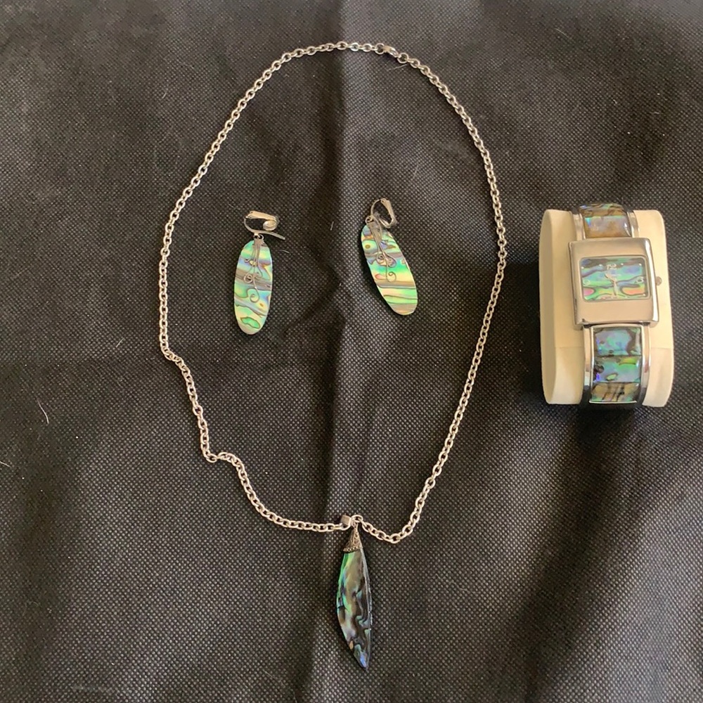Abalone necklace with earrings and watch